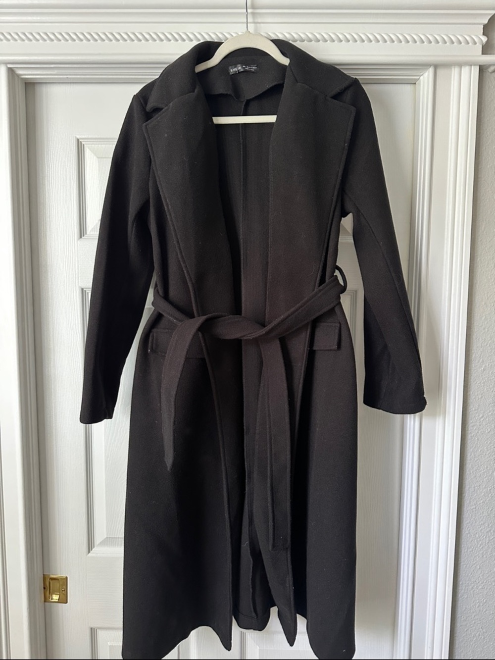 SHEIN Black Long Wrap Belted Pea Coat